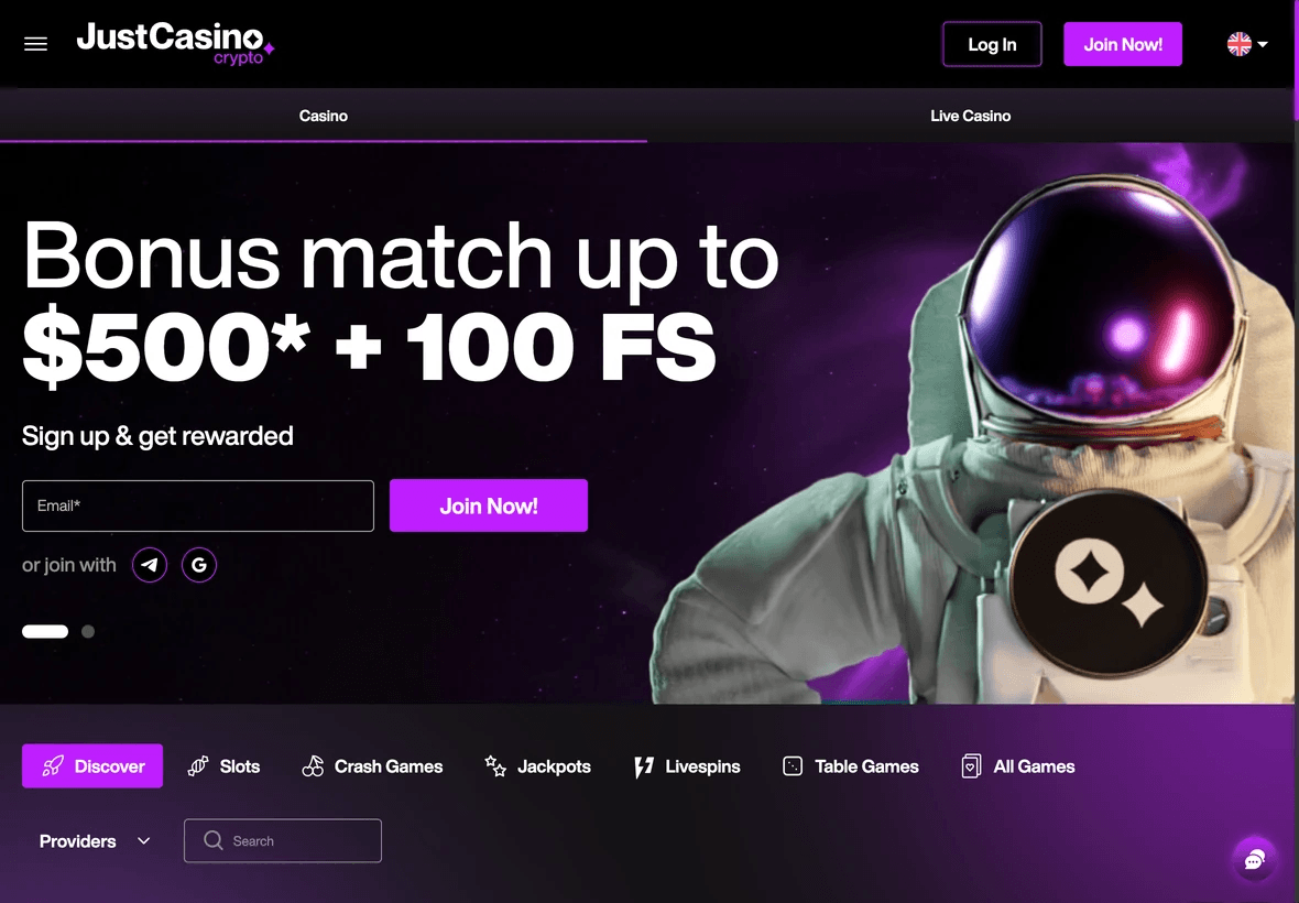 JustCasino.io Homepage Screenshot