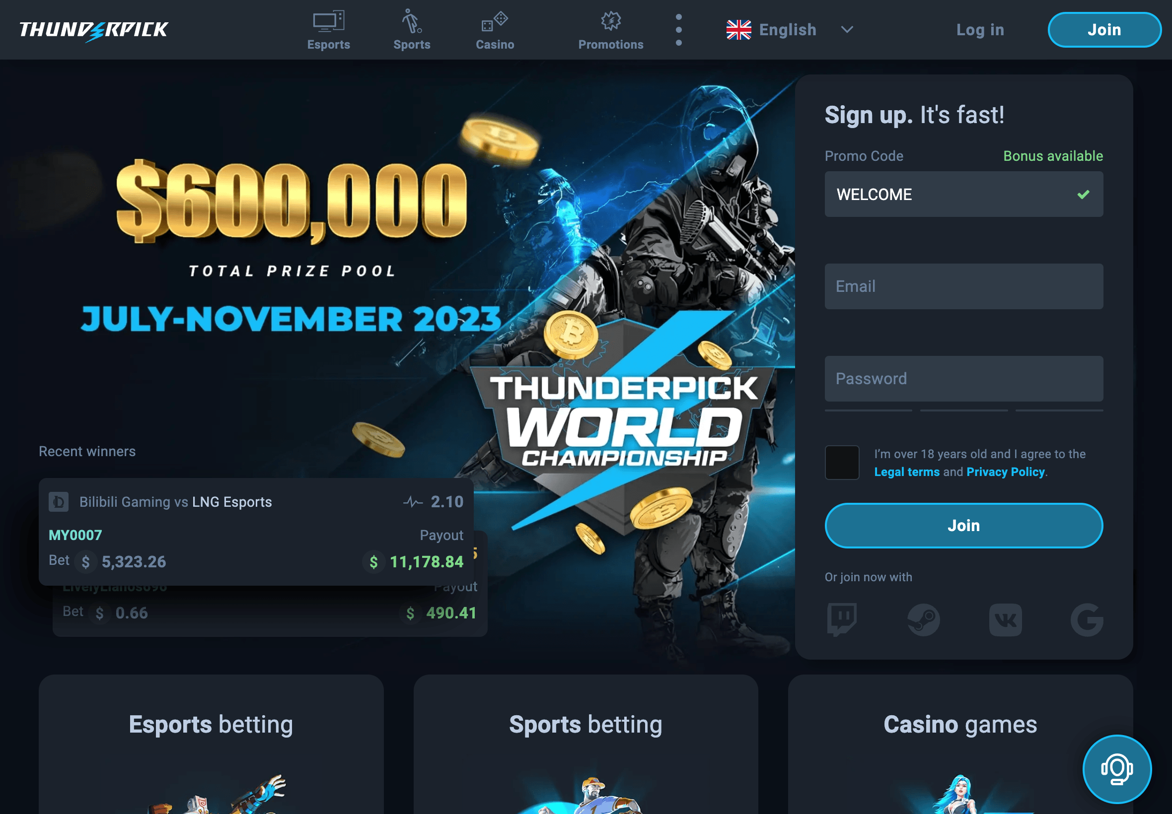 Thunderpick.io Homepage Screenshot